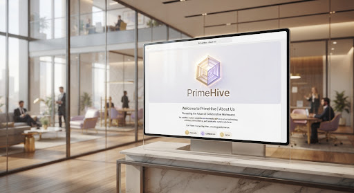 A professional, high-end office environment featuring minimalist glass architecture and warm ambient lighting. In the foreground, a large, glowing 3D geometric hexagon structure—the PrimeHive logo—is displayed on a sleek digital interface. The background is softly blurred, showing a modern collaborative space with gold and lavender accents that match the corporate identity. The overall mood is sophisticated, futuristic, and highly corporate.