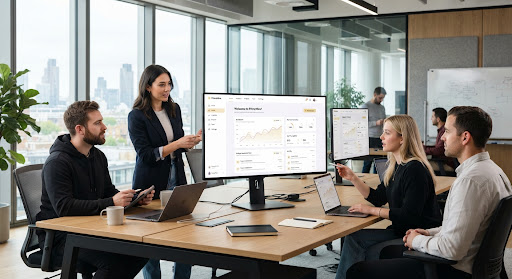 The PrimeHive team reviewing data dashboards and interface designs together in a bright studio office.
