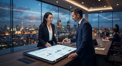 Two professional consultants in a high-end, glass-walled boardroom discussing digital strategy over a large interactive tablet. The room overlooks a modern cityscape at dusk with warm golden lights illuminating the urban landscape. The scene conveys leadership, strategic depth, and high-stakes decision-making with a premium, executive aesthetic and clear focus.