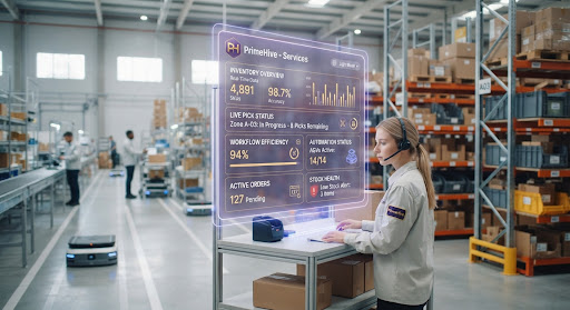 A futuristic warehouse management visual showing semi-transparent holographic data overlays over a pristine, organized logistical space.