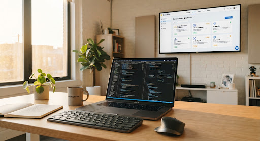A clean, minimalist workspace featuring high-end tech equipment like a sleek silver laptop displaying complex code architectures.